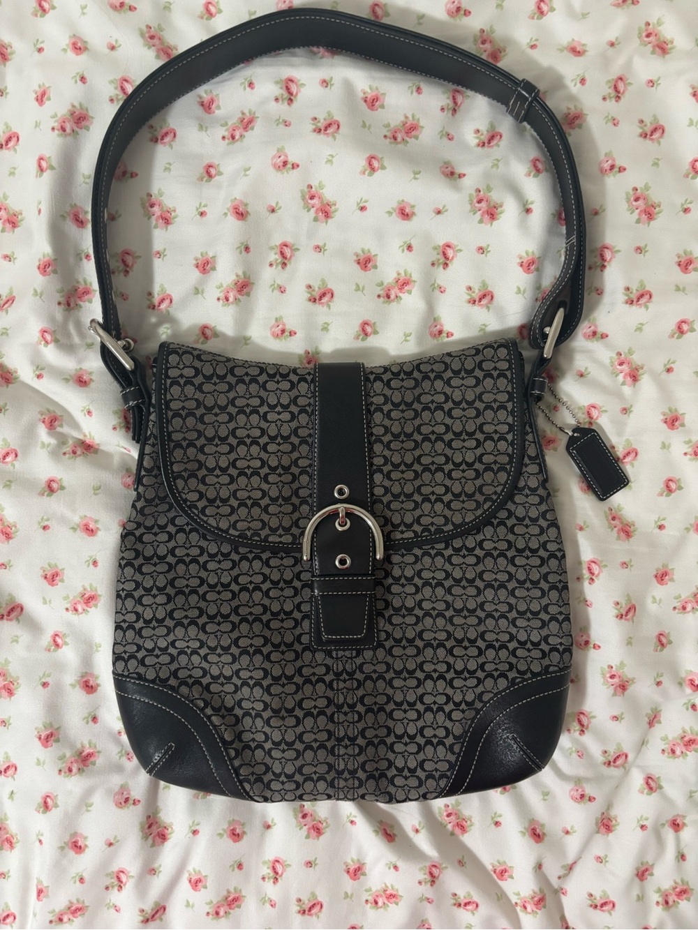 Coach Black and Gray Signature Shoulder Bag with Buckle
